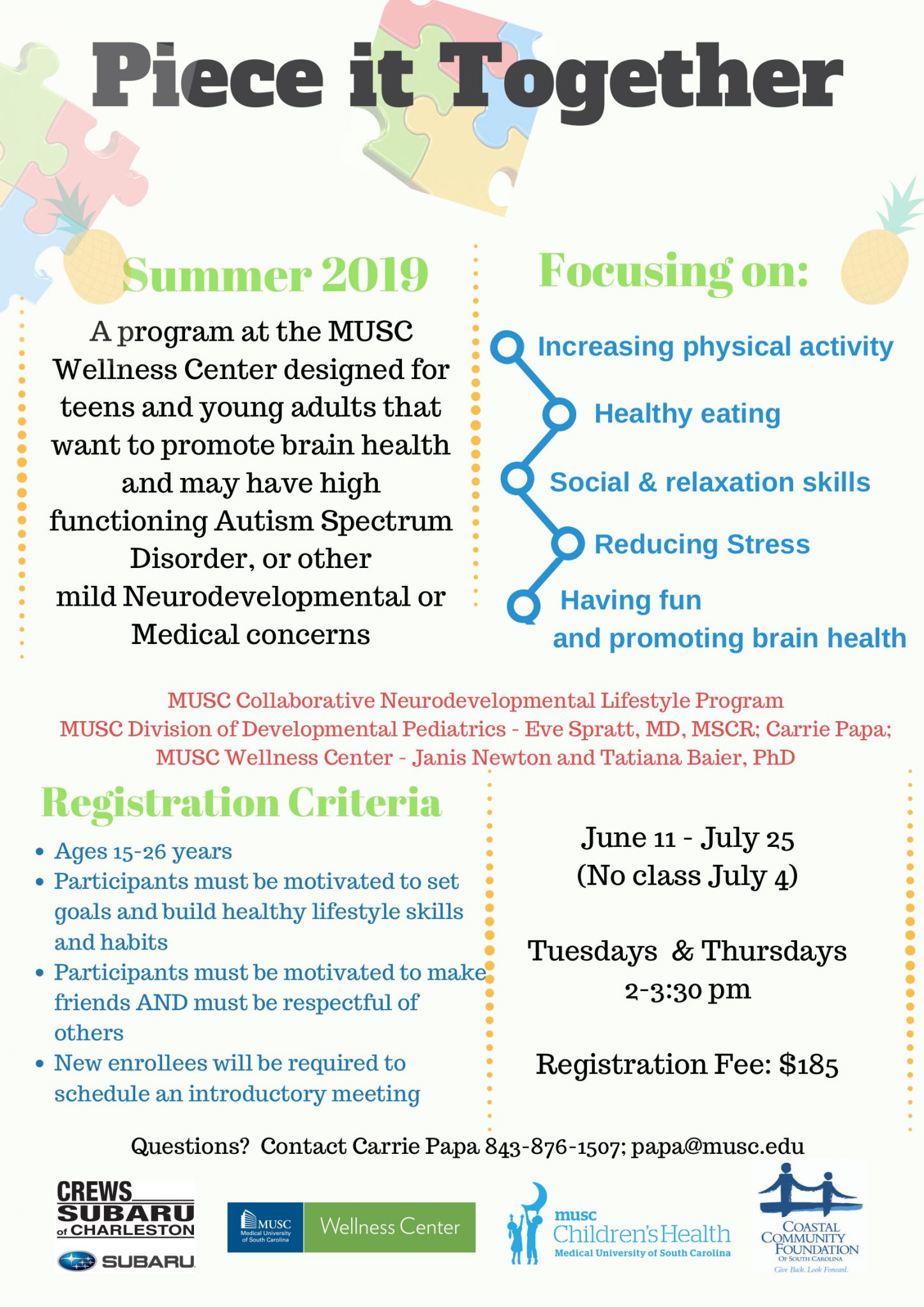 Register Now For Summer Piece It Together At MUSC Wellness – Project Rex